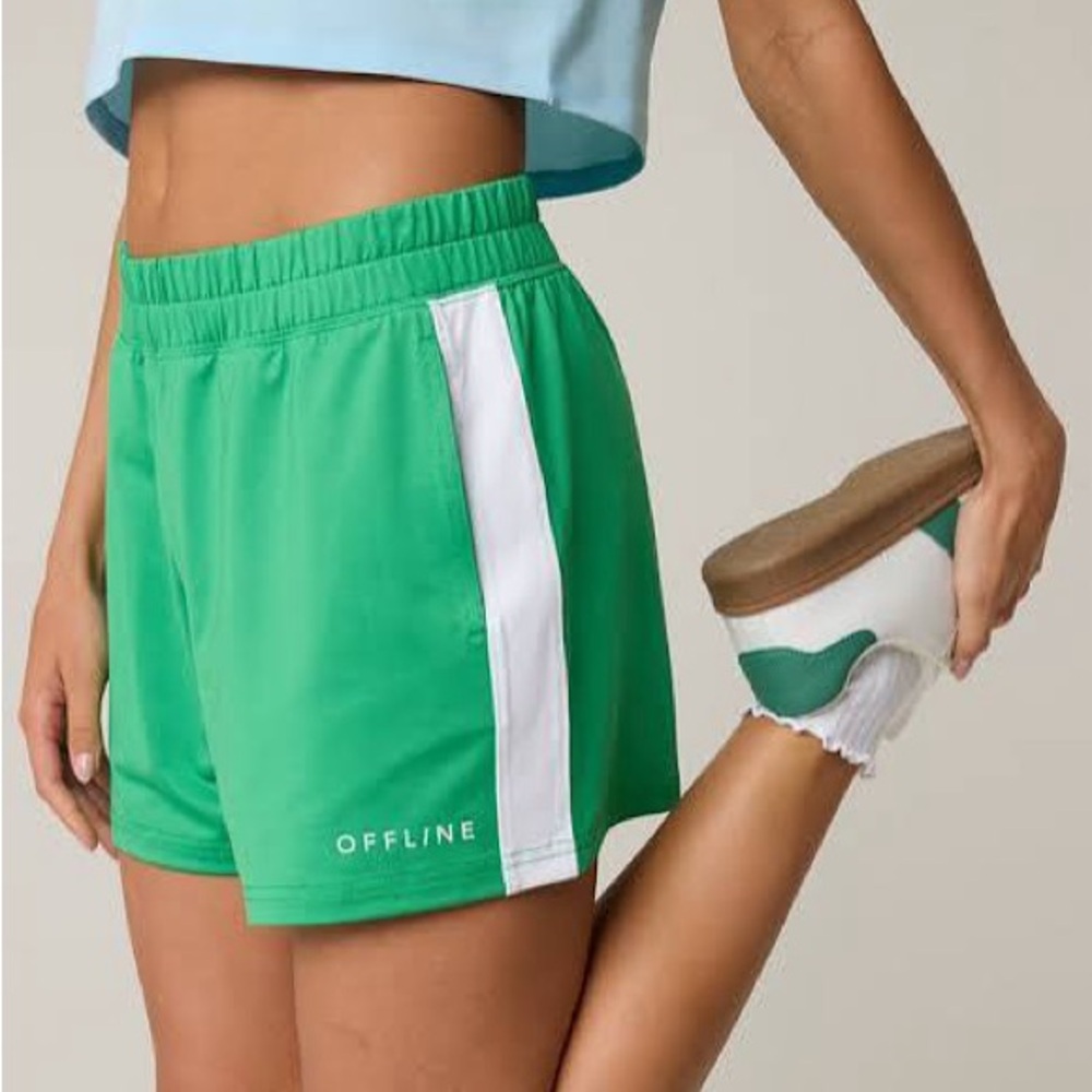 Offline by Aerie Green Athletic Track Shorts with White Stripe